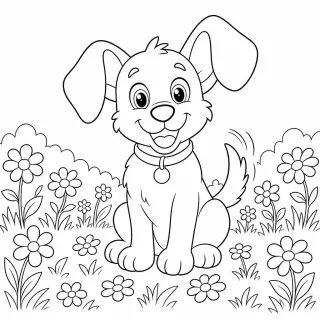 Coloriage Chien joyeux dans les fleurs à imprimer