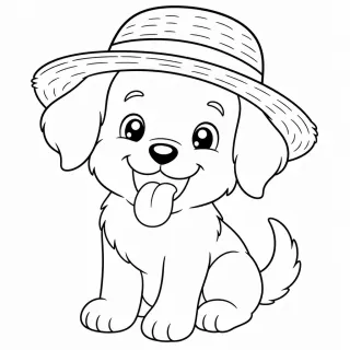 Coloriage Chiot kawaii au chapeau de paille à imprimer