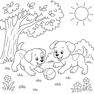 Coloriage Chiots jouant sous l'arbre à imprimer