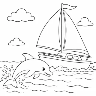 Coloriage Dauphin et bateau en course à imprimer