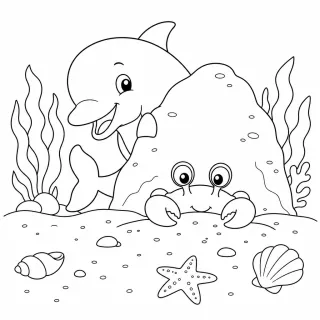 Coloriage Dauphin et crabe sur le sable à imprimer
