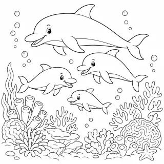 Coloriage Dauphins joyeux près des coraux à imprimer
