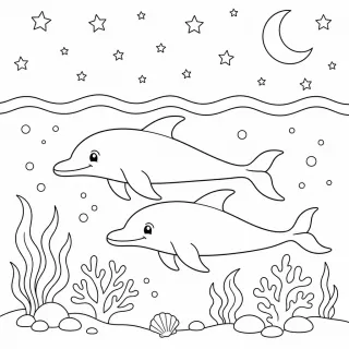 Coloriage Dauphins sous le ciel étoilé à imprimer