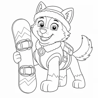 Coloriage Everest le husky en snowboard à imprimer