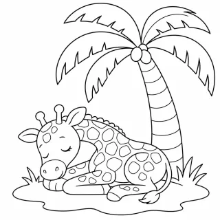 Coloriage Girafe endormie sous palmier à imprimer