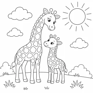 Coloriage Girafe et bébé sous le soleil à imprimer