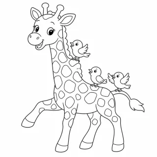 Coloriage Girafe et oiseaux joyeux à imprimer