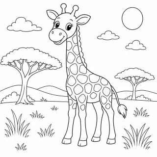 Coloriage Girafe souriante dans la savane à imprimer