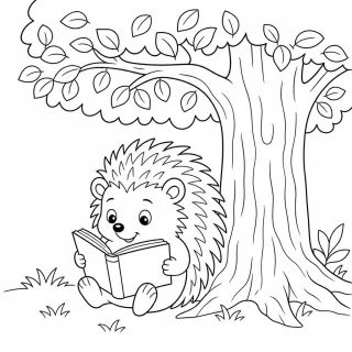 Coloriage Hérisson et livre sous arbre à imprimer