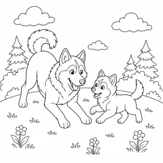 Coloriage Huskies jouant sur la colline à imprimer