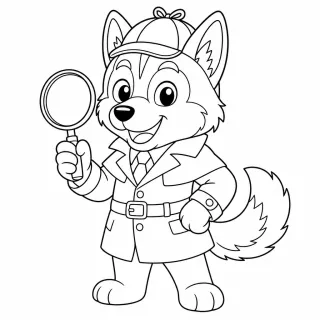 Coloriage Husky détective avec loupe à imprimer