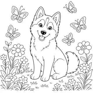 Coloriage Husky et papillons au jardin à imprimer