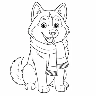 Coloriage Husky joyeux avec écharpe à imprimer