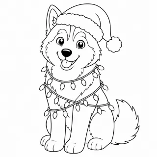 Coloriage Husky Noël et guirlandes à imprimer