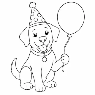Coloriage Labrador fête joyeuse et ballon à imprimer