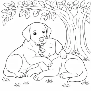 Coloriage Labradors câlins sous arbre à imprimer