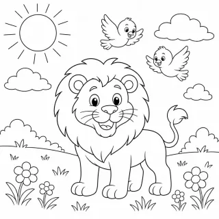 Coloriage Lion souriant et oiseaux joyeux à imprimer