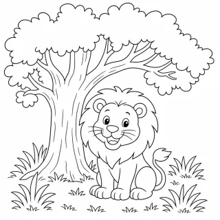Coloriage Lion souriant sous un arbre à imprimer