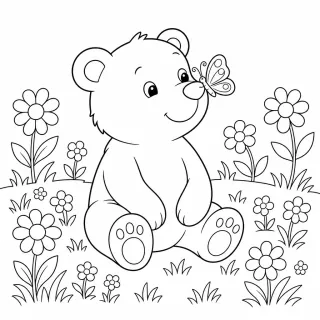 Coloriage Ours et papillon dans prairie à imprimer