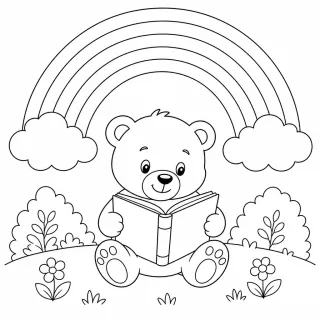 Coloriage Ours lecteur sous arc-en-ciel à imprimer
