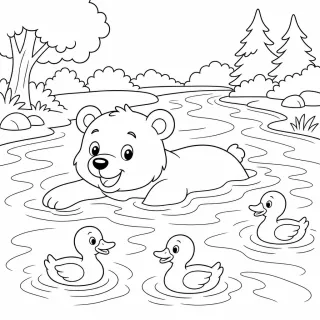 Coloriage Ours nageant avec des canards à imprimer