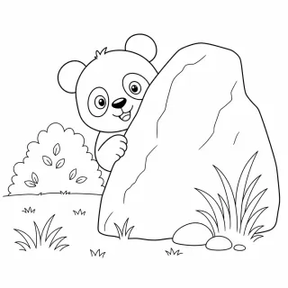 Coloriage Panda cache-cache derrière rocher à imprimer