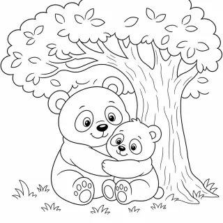 Coloriage Pandas câlins sous arbre à imprimer