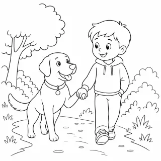 Coloriage Promenade du Labrador et enfant à imprimer