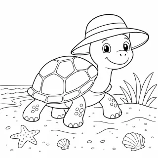Coloriage Tortue chapeautée sur le sable à imprimer
