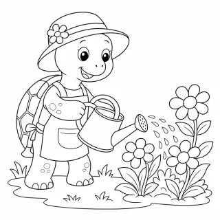 Coloriage Tortue jardinière et fleurs à imprimer