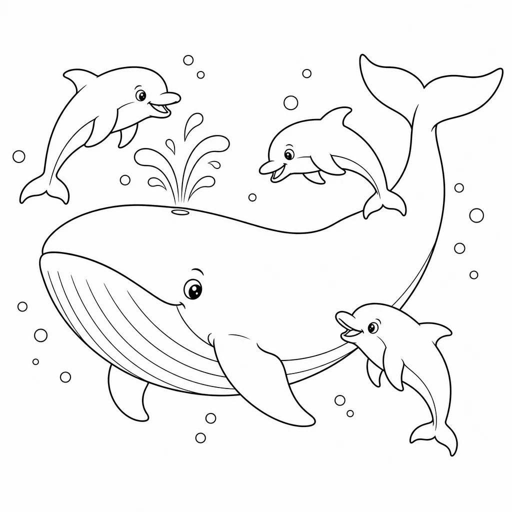 Coloriage Baleine et dauphins joueurs à imprimer