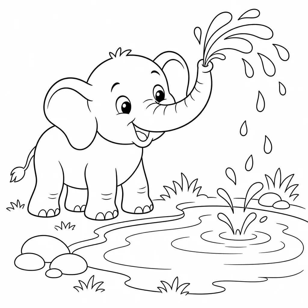 Coloriage Bébé éléphant et étang à imprimer