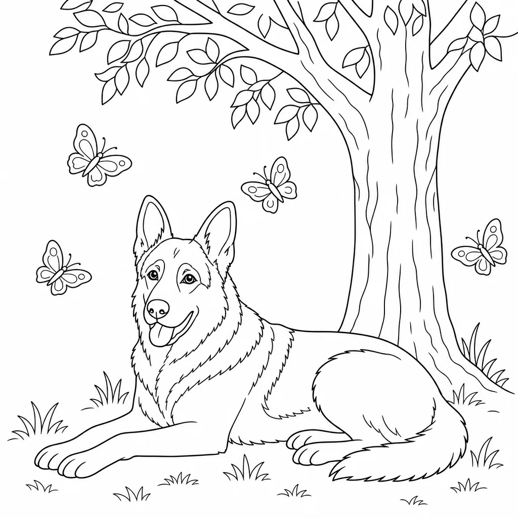 Coloriage Berger allemand et papillons à imprimer