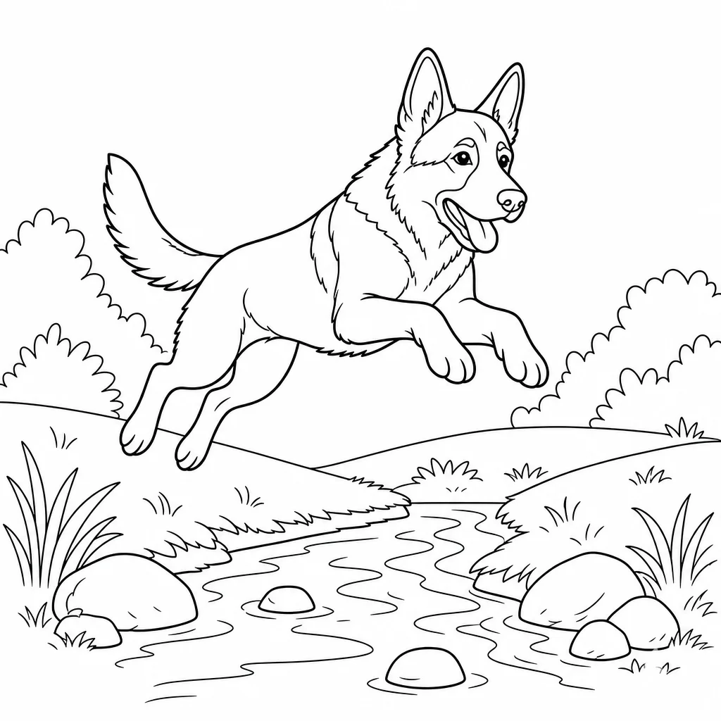 Coloriage Berger allemand et ruisseau à imprimer