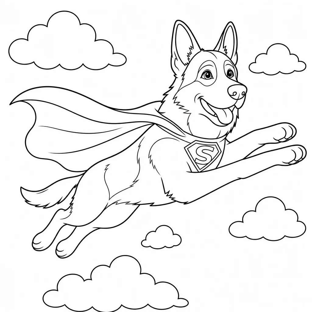 Coloriage Berger allemand super-héros volant à imprimer