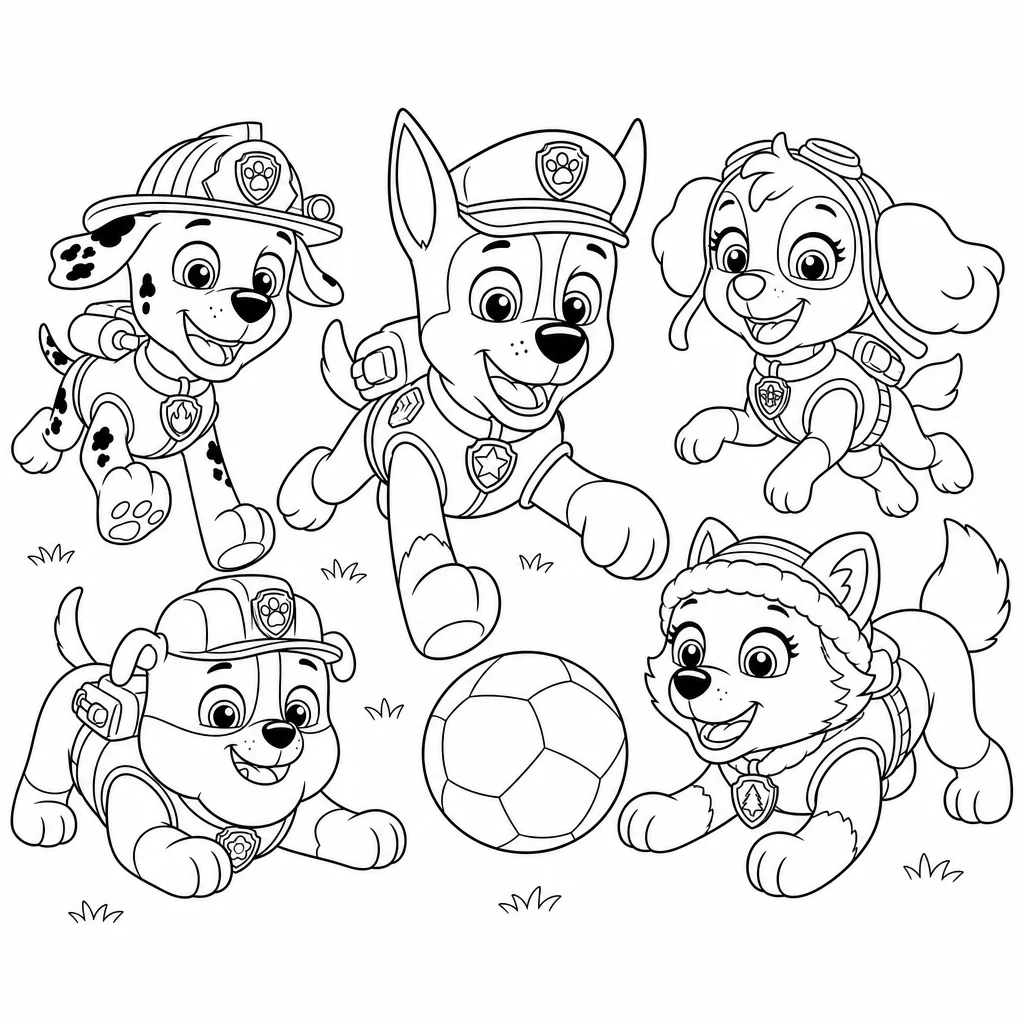 Coloriage Chase et chiots jouent ballon à imprimer