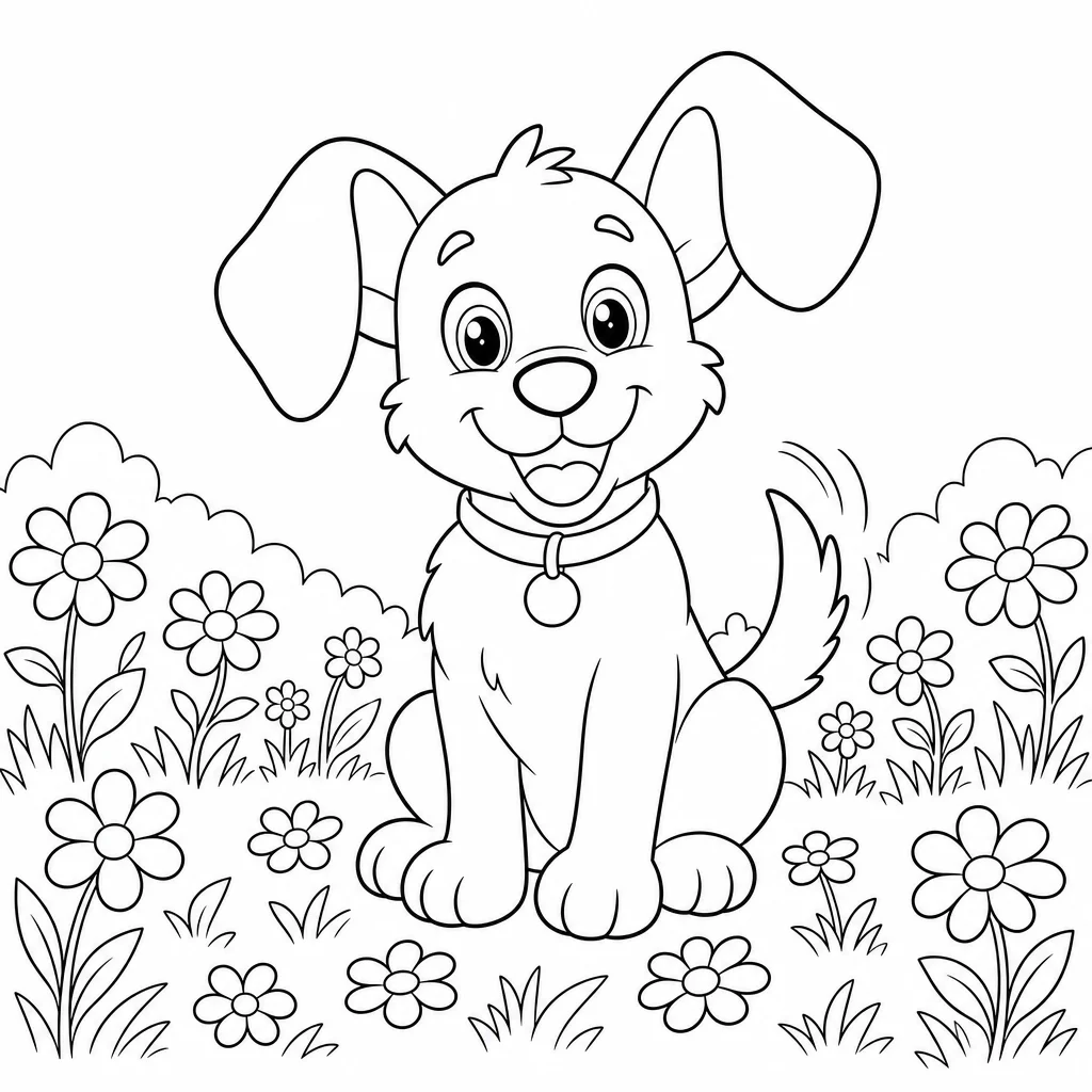 Coloriage Chien joyeux dans les fleurs à imprimer