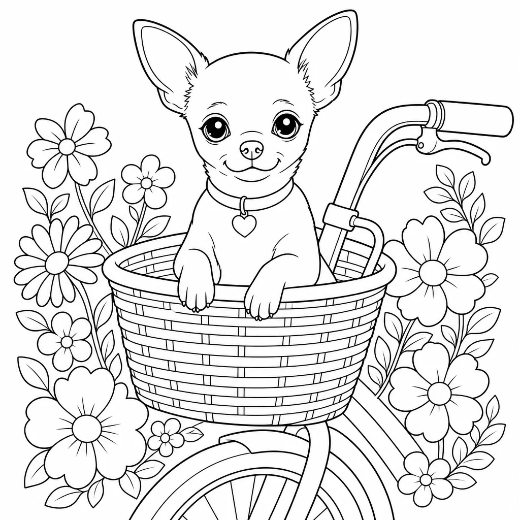 Coloriage Chihuahua dans un panier à vélo à imprimer
