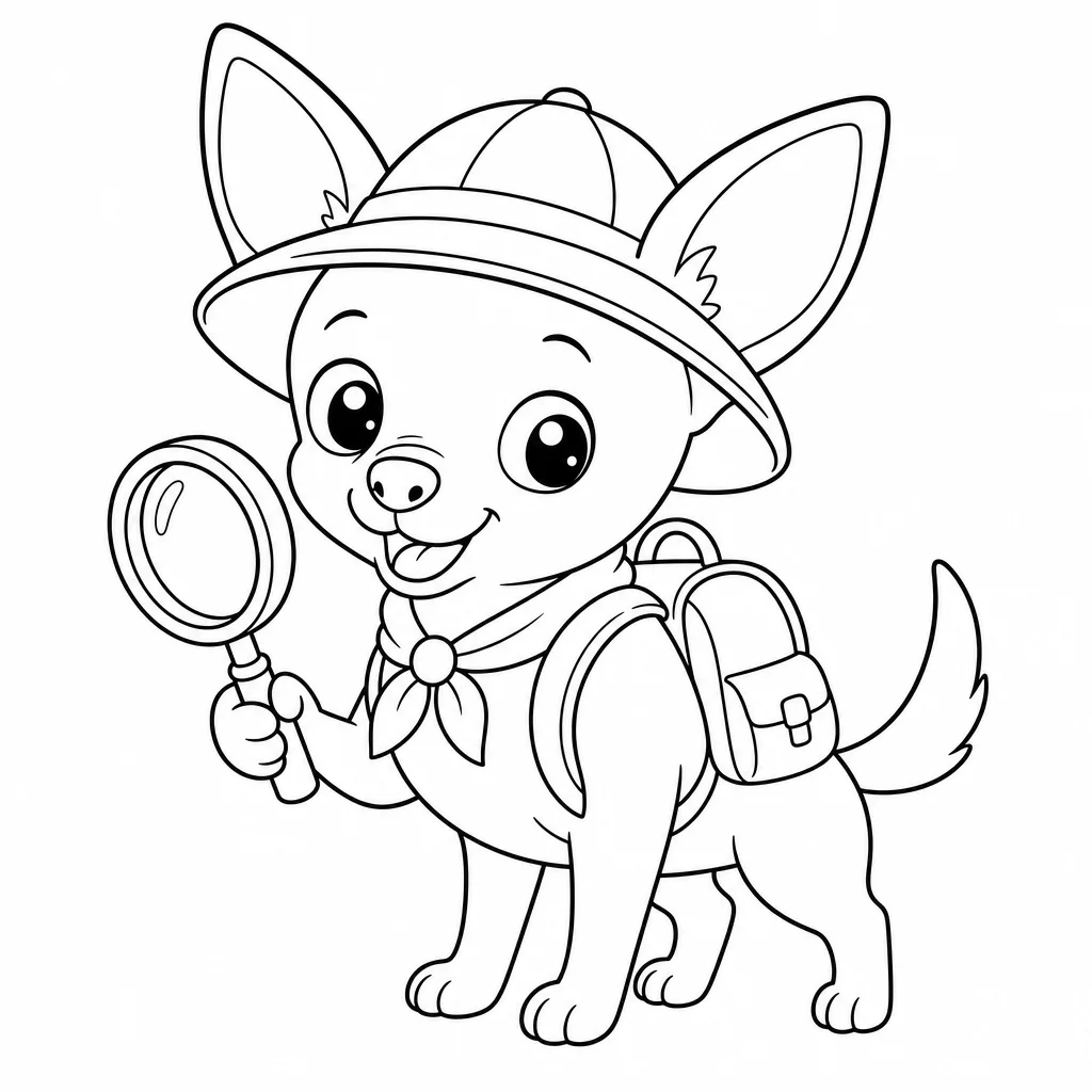Coloriage Chihuahua explorateur et ses outils à imprimer