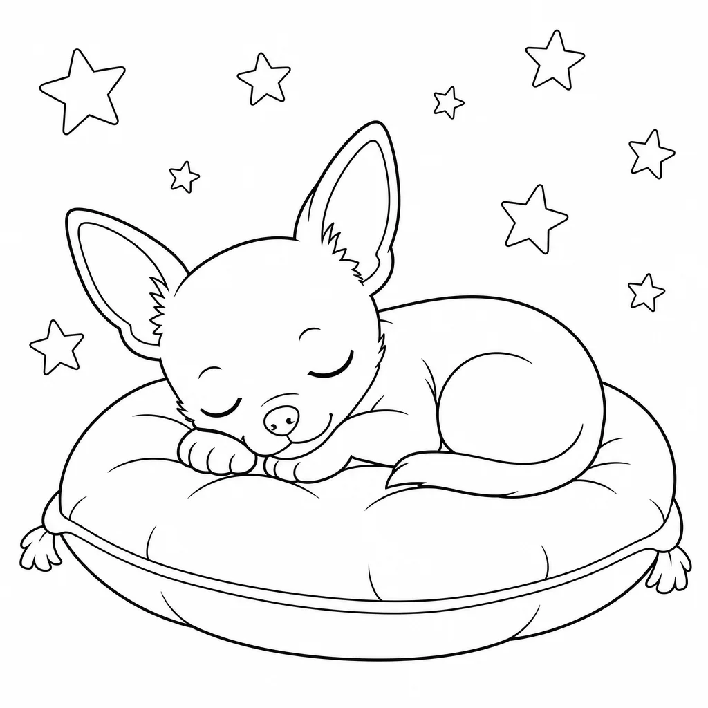 Coloriage Chihuahua rêveur sur coussin étoilé à imprimer