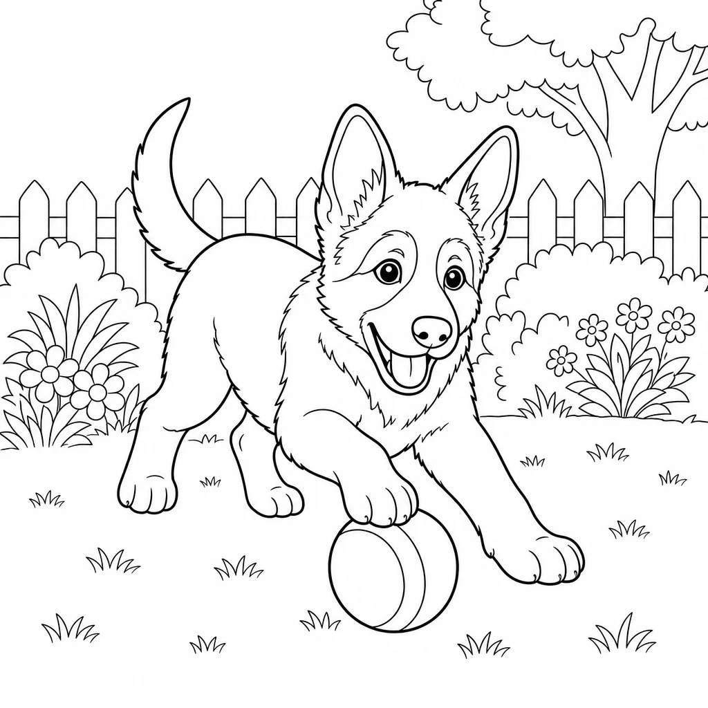 Coloriage Chiot berger allemand et balle à imprimer