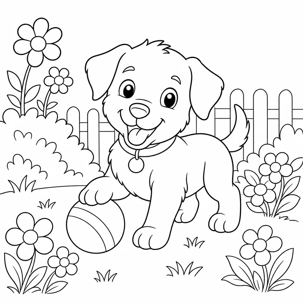 Coloriage Chiot joue dans le jardin à imprimer