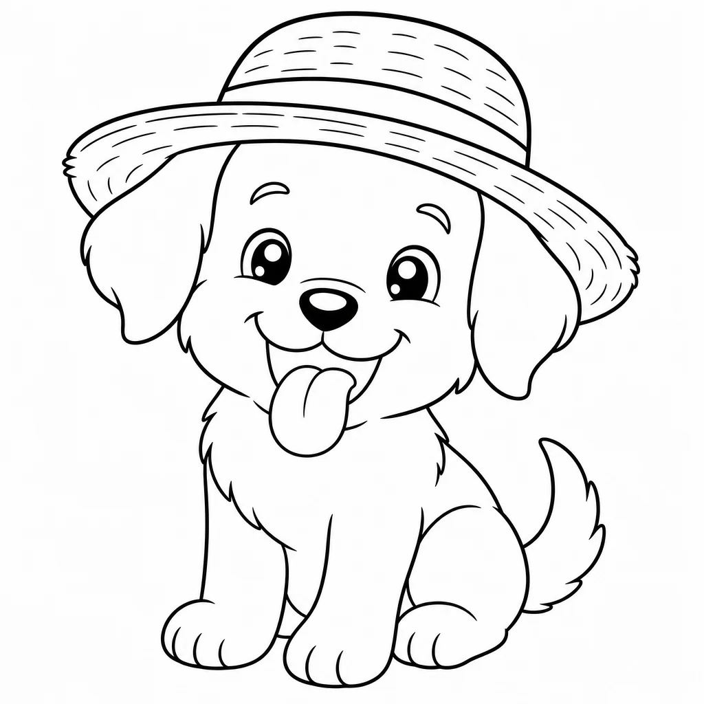 Coloriage Chiot kawaii au chapeau de paille à imprimer
