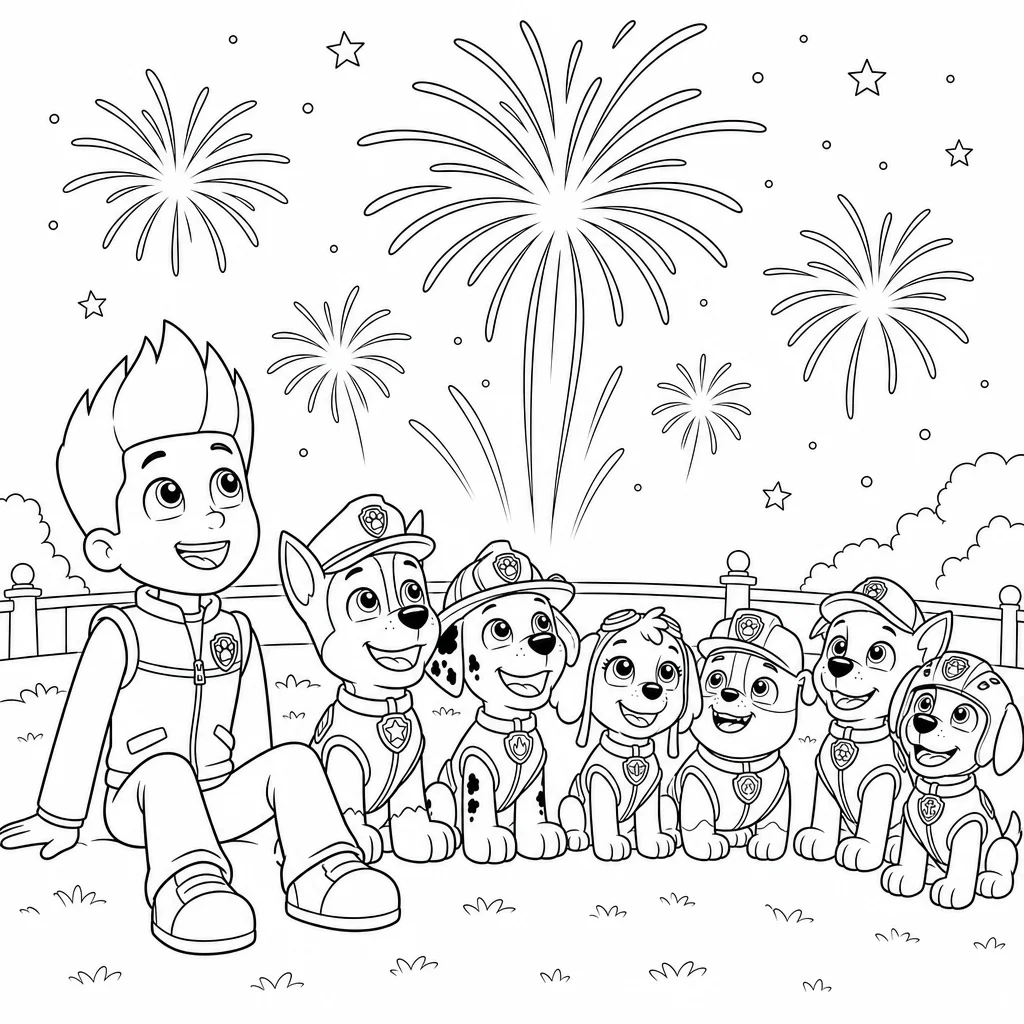 Coloriage Chiots et Ryder aux feux d'artifice à imprimer