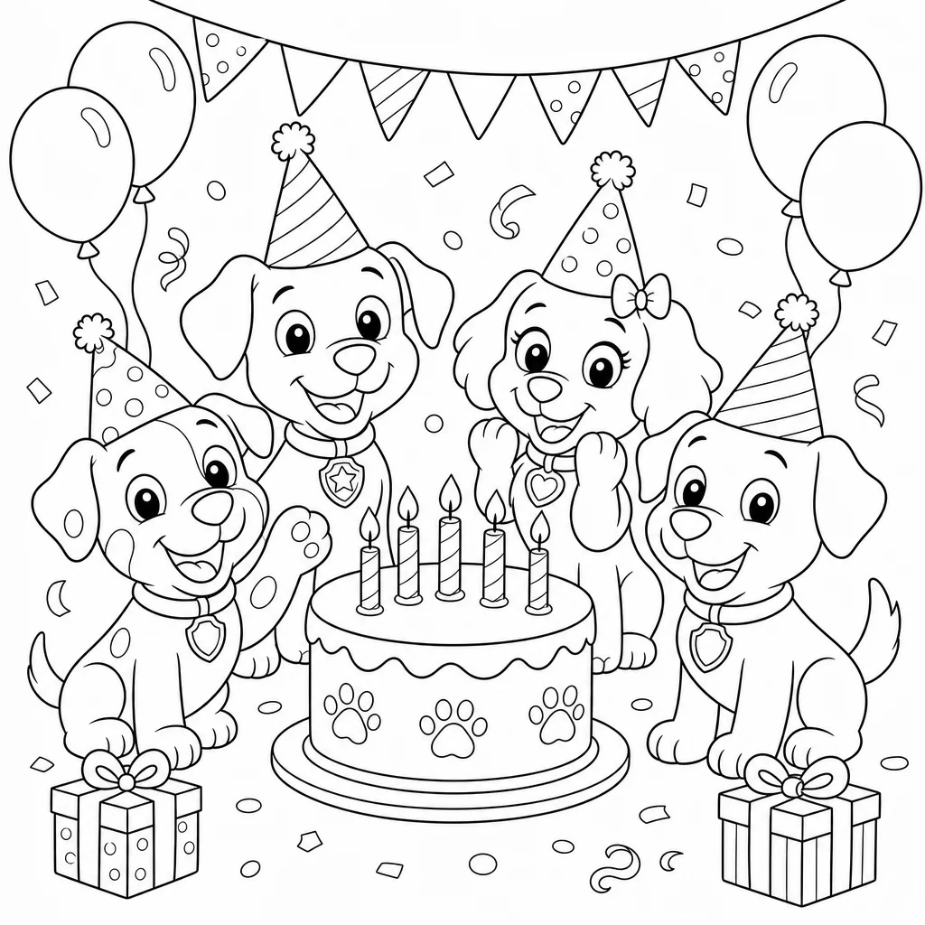 Coloriage Chiots fêtant un anniversaire à imprimer