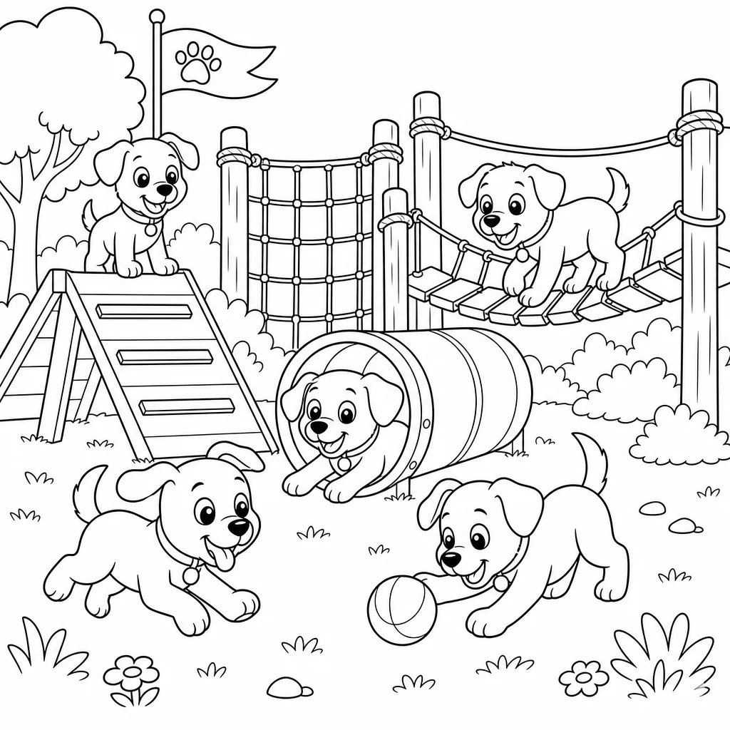 Coloriage Chiots joueurs au parc aventure à imprimer