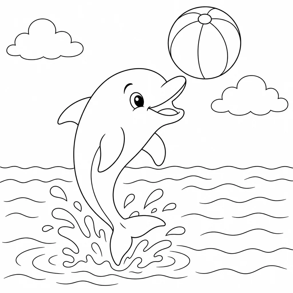 Coloriage Dauphin joueur et balle colorée à imprimer