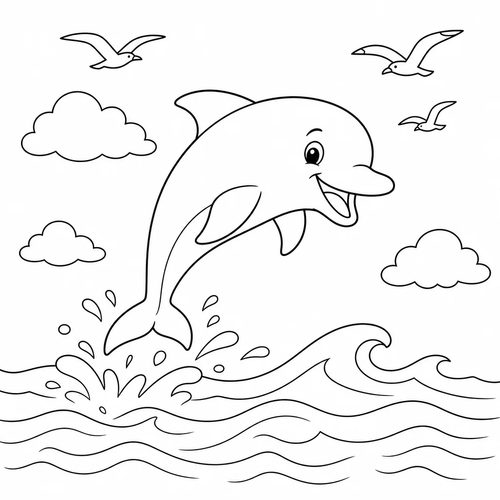 Coloriage Dauphin joyeux et mouettes à imprimer