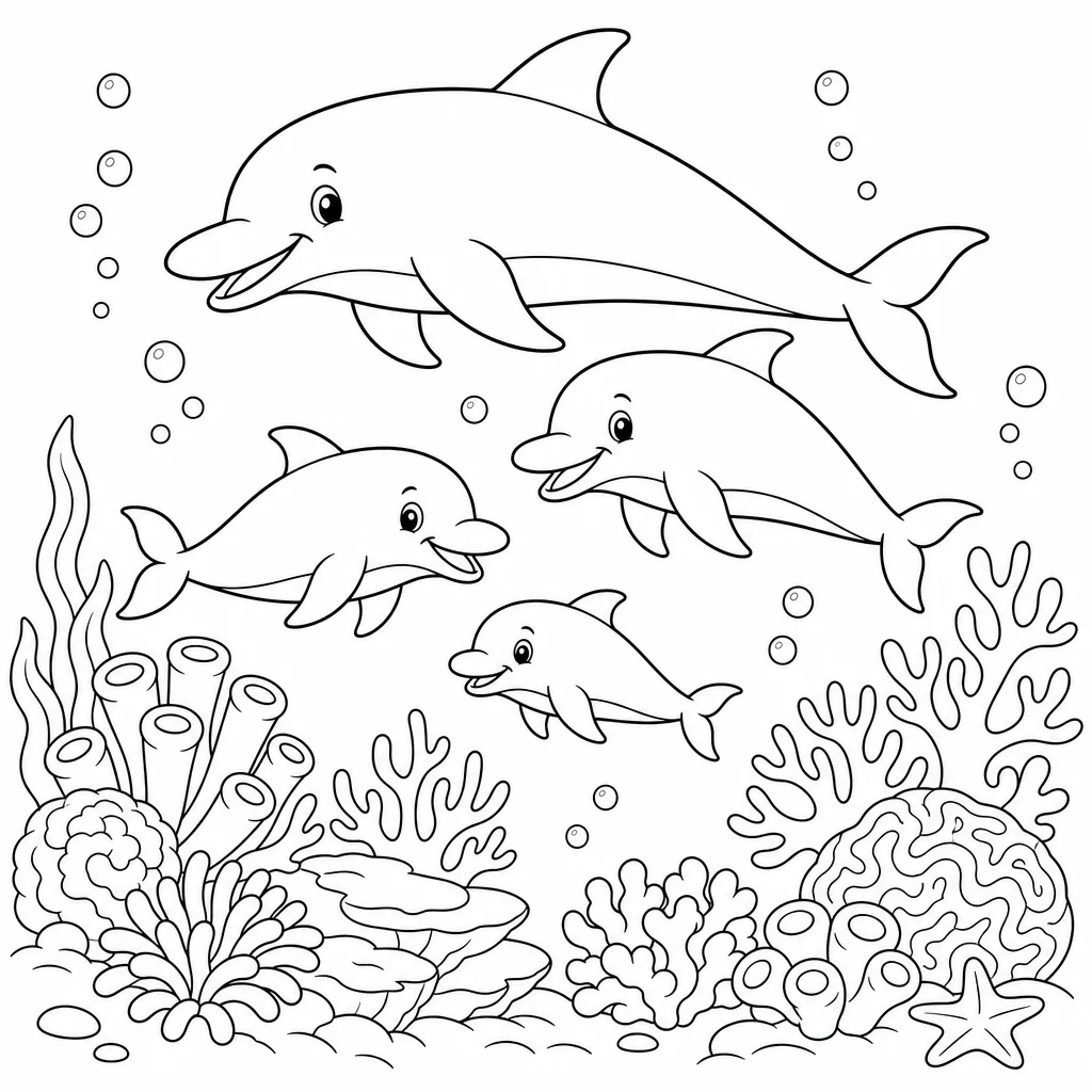 Coloriage Dauphins joyeux près des coraux à imprimer