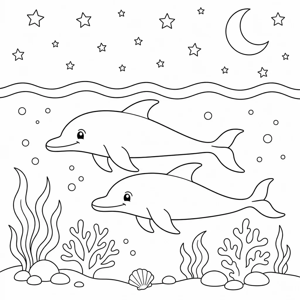 Coloriage Dauphins sous le ciel étoilé à imprimer